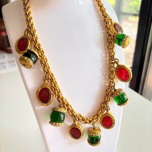 Vintage Chanel Gripoix Necklace Red Green Poured Glass Byzantine Gold Chain 1980